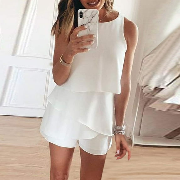 Baqcunre One Piece Jumpsuits For Women Women Summer Jumpsuit Round Neck Sleeveless Ruffle Romper Sexy Jumpsuit Romper Womens Shorts Womens Pants White M
