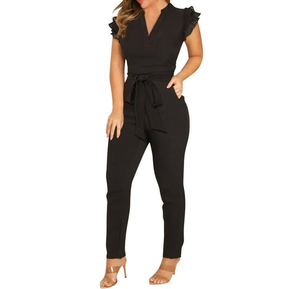 Baqcunre One Piece Jumpsuits For Women Women Summer Romper V Neck Sleeveless Pocket Loose Design Jumpsuit With Belt Jumpsuit Slim Rompers Sweatpants Pants For Women Black XXL
