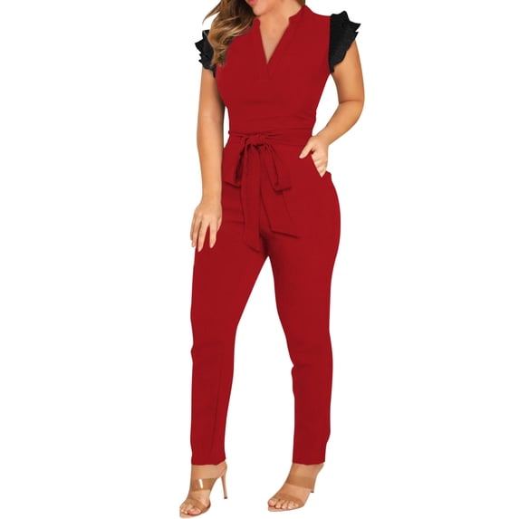 Baqcunre One Piece Jumpsuits For Women Women Summer Romper V Neck Sleeveless Pocket Loose Design Jumpsuit With Belt Jumpsuit Slim Rompers Sweatpants Pants For Women Red XL