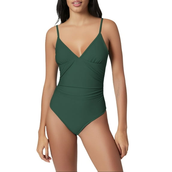 Baqcunre One Piece Swimsuit Women Tummy Control, Women's Swimsuit Tummy V Neck Bathing Suits Solid Colour Bikini Swimsuit Halter Backless, Women's Swimwear 1PC Army Green L