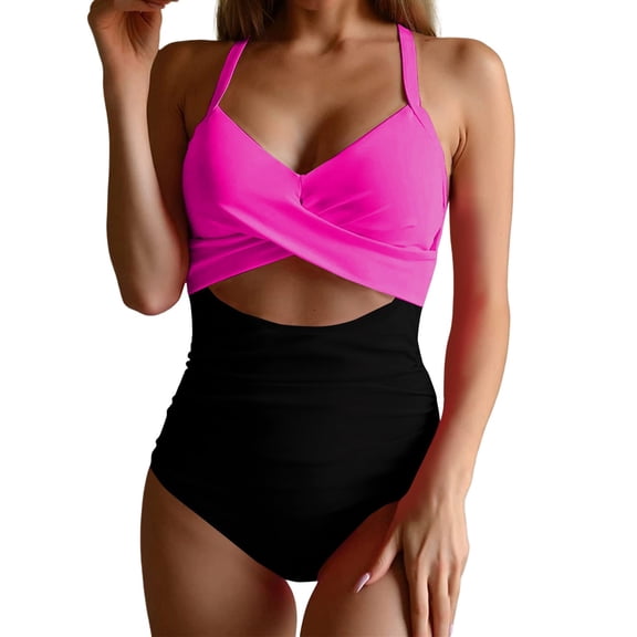 Baqcunre One Piece Swimsuit Women, Women's Swimsuits Tummy Cutout High Waisted Bathing Suit Wrap Tie Back 1 Piece Watermelon Red L