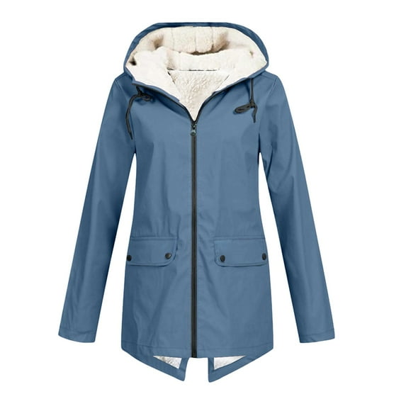 Baqcunre Outdoor Loose Plush Solid Plus Thick Warm Hooded Raincoat Size Windproof Winter Outdoor Women's Coat Womens Coats Fleece Jacket Women Winter Jackets For Women Coats For Women,Color Blue,3XL