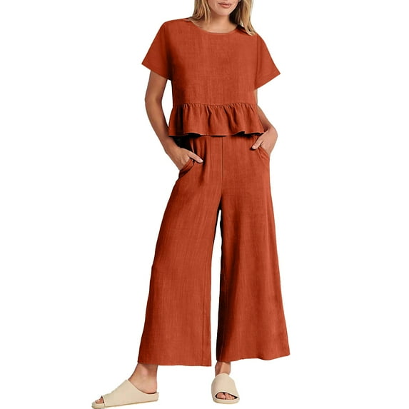 Baqcunre Outfits For Women,2 Piece Outfits 2023 Short Sleeve Crop Tops+Wide Leg Pants Set,Womens Fashion,Two Piece Sets For Women,Vacation Outfits For Women,Womens Clothes,Orange,S