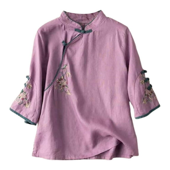 Baqcunre Oversized Tshirts Shirts For Women New Ethnic Style Wind Embroidery Loose Plate Buckle Horn Sleeve Standing Seven Point Top Shirt Female Womens Blouses Sweatshirt For Women Purple 4XL