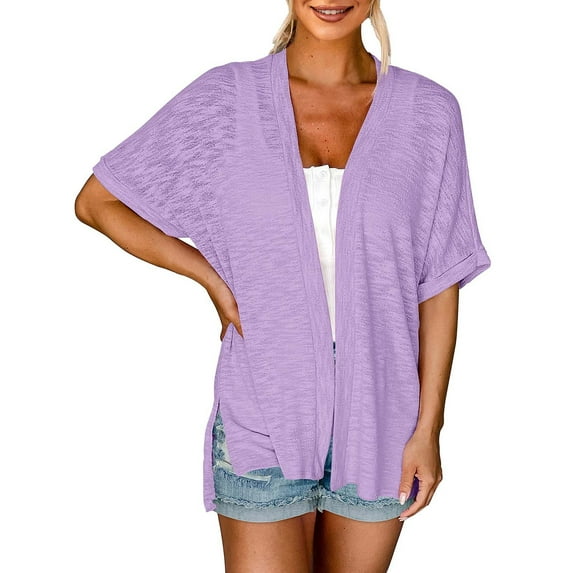 Baqcunre Oversized Tshirts Shirts For Women Womens Summer Lightweight Cardigan Short Sleeve Open Front Casual Loose Cover Ups Tops Blouse Womens Blouses Sweatshirt For Women Purple S