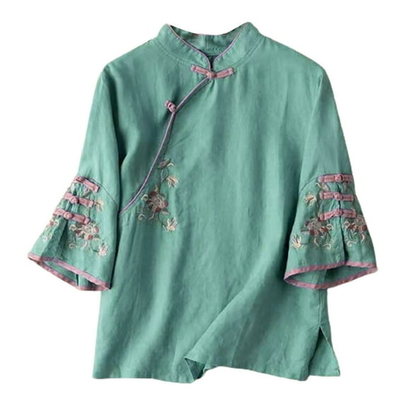 Baqcunre Oversized Tshirts Shirts For Women New Ethnic Style Wind Embroidery Loose Plate Buckle Horn Sleeve Standing Seven Point Top Shirt Female Womens Blouses Sweatshirt For Women Blue L