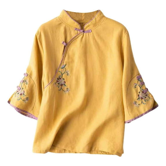 Baqcunre Oversized Tshirts Shirts For Women New Ethnic Style Wind Embroidery Loose Plate Buckle Horn Sleeve Standing Seven Point Top Shirt Female Womens Blouses Sweatshirt For Women Yellow XL
