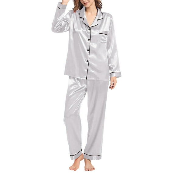 Baqcunre Pajamas For Women Set Womens Silk Like Pajamas Long Sleeve Set Two Piece Sleepwear Button Down Nightwear Loungewear Sets Silk Pajamas For Women Lounge Sets For Women Grey M