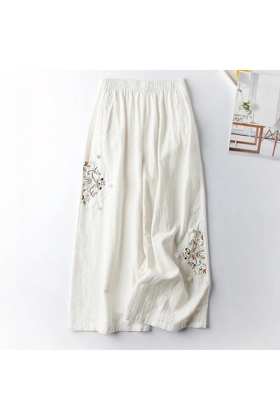 Pants for Women,Culottes Linen Blend Elastic Waist Casual Palazzo Trousers with Pockets Capris,Women's Pants Wide Leg Pants Woman Business Casual Women Womens Clothes Army Green M