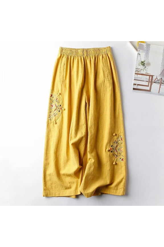 Pants for Women,Culottes Linen Blend Wide Leg Pants Elastic Waist Casual Palazzo Trousers with Pockets Capris,Women's Pants Wide Leg Pants Woman Business Casual Women Womens Clothes Green XL