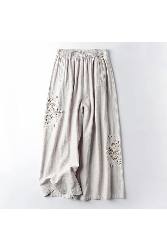 Pants for Women,Culottes Linen Blend Wide Leg Pants Elastic Waist Casual Palazzo Trousers with Pockets Capris,Women's Pants Wide Leg Pants Woman Business Casual Women Womens Clothes Green L