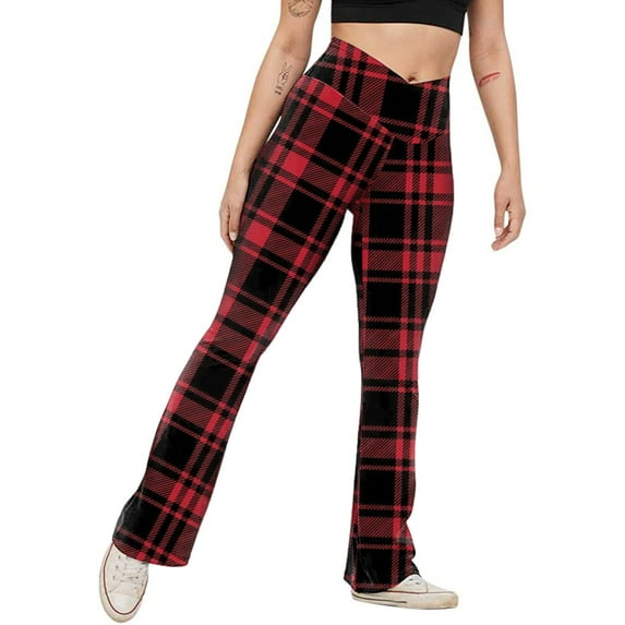 Baqcunre Pants For Women,Plaid Print Yoga Boot Cut High Waist Workout Leggings Elastic No-See Through Flare Tummy Control Pants,Wide Leg Pants Woman Yoga Pants Women Flare Leggings Red L