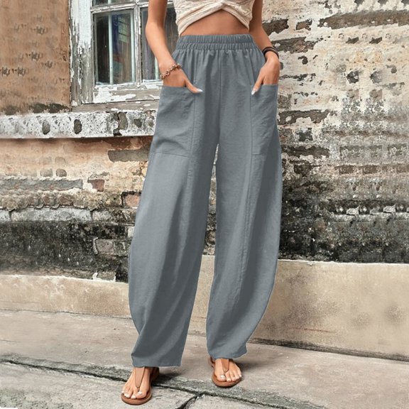 Baqcunre Pants for Women,Solid Color Casual Pants Trousers Elastic Waist Pockets Wide Leg Trousers,Women's Pants Wide Leg Pants Woman Business Casual Women Womens Clothes Green S
