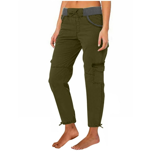Baqcunre Pants for Women,Solid Color Tie Multi Pocket Trousers Outdoor Casual Sports Overalls Loose Pants Sweat Pants,Women's Pants Cargo Pants Women Joggers for Women Womens Clothes Khaki L