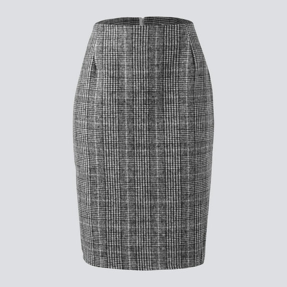 Baqcunre Pencil Plaid Skirts For Women Fall Winter High Waisted Bodycon Knee Length Wool Midi Skirt With Slit Pencil Skirt Plaid Skirt Long Skirt Women Clothing Skirts For Women,Color Black,Size L