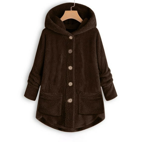 Baqcunre Plus Size Button Plush Tops Hooded Loose Cardigan Wool Coat Winter Jacket Winter Jackets For Women Trench Coat Winter Coats For Women,Women Clothing Coats For Women,Color Coffee,Size 4XL