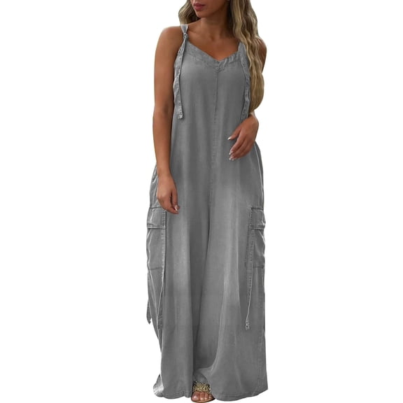 Baqcunre Plus Size Jumpsuit for Women, Overalls For Women Casual Solid Color Sleeveless Suspender Jumpsuits V Neck Loose Trendy Rompers With Pockets Gray XL