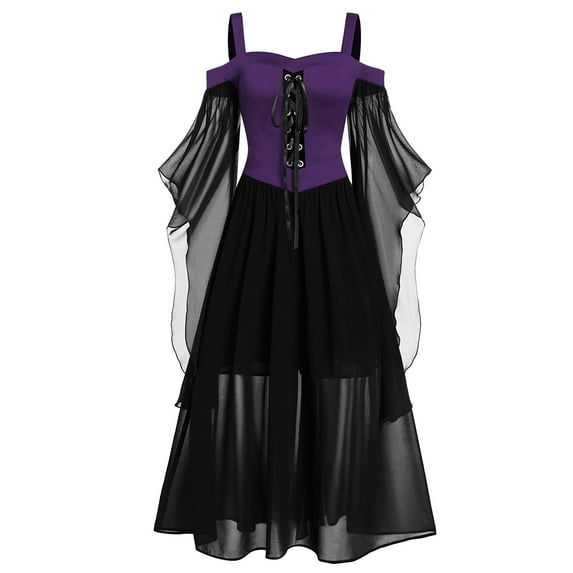 Baqcunre Plus Size Long Dress Cold Shoulder Butter Fly Sleeve Dress Lace Up Solid Color Splicing Elegant Dress Maxi Dress Renaissance Dress Vintage Dress Womens Dresses,Color Purple,5XL
