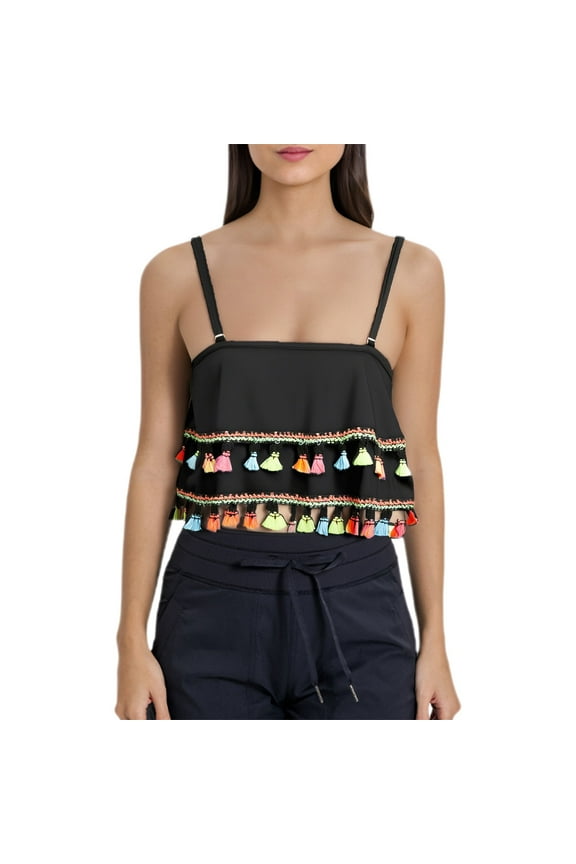 Plus Size Swimwear, Ruffled Bikini Top Swim Top Falbala Swimsuit Top for Women Bathing Suit Top Black 2XL