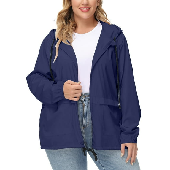 Baqcunre Plus Size Tops For Women Women Hooded Zipper Mid Length Windproof Raincoat Jacket Womens Tops Winter Coats For Women Navy S