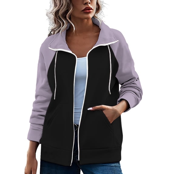 Baqcunre Plus Size Tops Women's Color Matching Top Zippered Cardigan Long Sleeved Sweatshirt Sweater Women Womens Sweatshirts Womens Fall Tops Purple XL