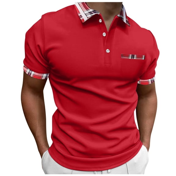 Baqcunre Polo Shirts For Men Male Spring Summer Button Short Sleeve Top Plaid Lapel Print T Shirt Sweatshirts For Men Tops For Men Wine XXL