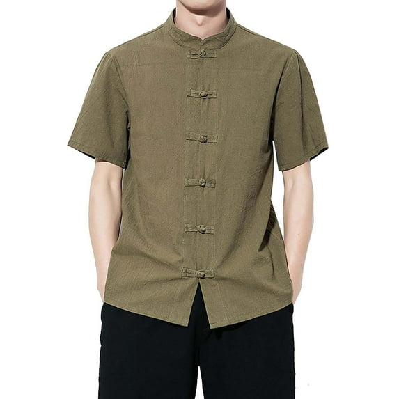 Baqcunre Polo Shirts For Men Summer New Ethnic Style Shirt Shirt Men'S Plate Button Stand Up Collar Thin Slim D Shirt Linen Shirts For Men Tops For Men Green XXL