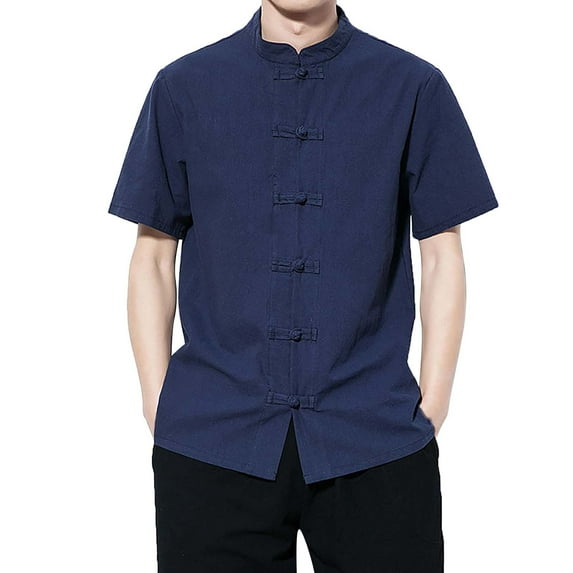 Baqcunre Polo Shirts For Men Summer New Ethnic Style Shirt Shirt Men'S Plate Button Stand Up Collar Thin Slim D Shirt Linen Shirts For Men Tops For Men Navy 4XL