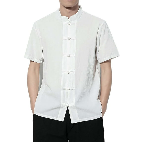 Baqcunre Polo Shirts For Men Summer New Ethnic Style Shirt Shirt Men'S Plate Button Stand Up Collar Thin Slim D Shirt Linen Shirts For Men Tops For Men White XXL