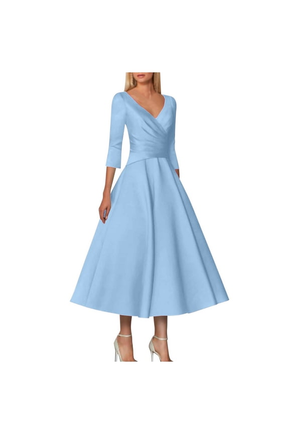 Prom Dresses 2024 A Line Mother Of The Bride Dress Wedding Guest Vintage Plus Size Elegant V Neck Tea Length Satin 1/2 Length Sleeve with Pleats Dresses for Women 2024 Light Blue S