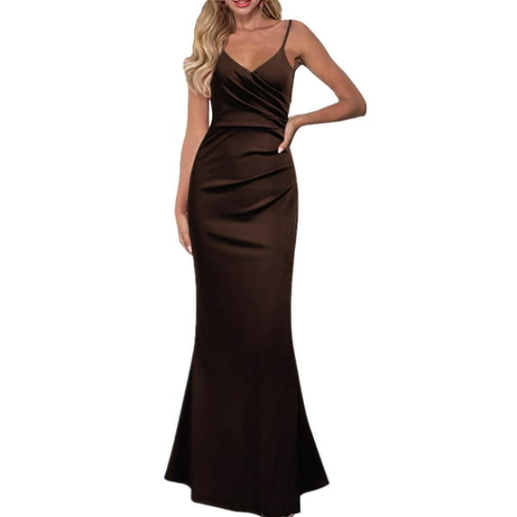 Baqcunre Prom Dresses 2024 Women's Solid Color Slim Show Suspender Large Swing Long Dress Gown Skirt Dresses for Women 2024 Summer Dresses for Women 2024 Womens Dresses Brown L(Hot)