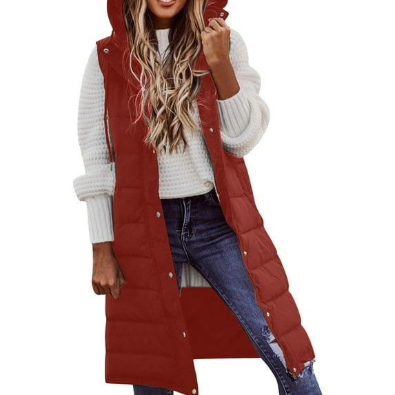 Baqcunre Puffer Vest Women Women's Long Coat Vest With Hood Warm Down Coat With Pockets Quilted Vest Down Jacket Quilted Outdoor Jacket Womens Jacket Womens Fall Fashion 2023 Red M