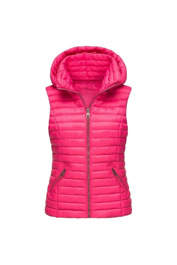 Puffy Vests for Women with Hood, Women's Casual Solid Color Vest Zipper Loose Sleeveless Jacket Hooded Vest Coat with Pockets 1 Pc Vest Hot Pink XL