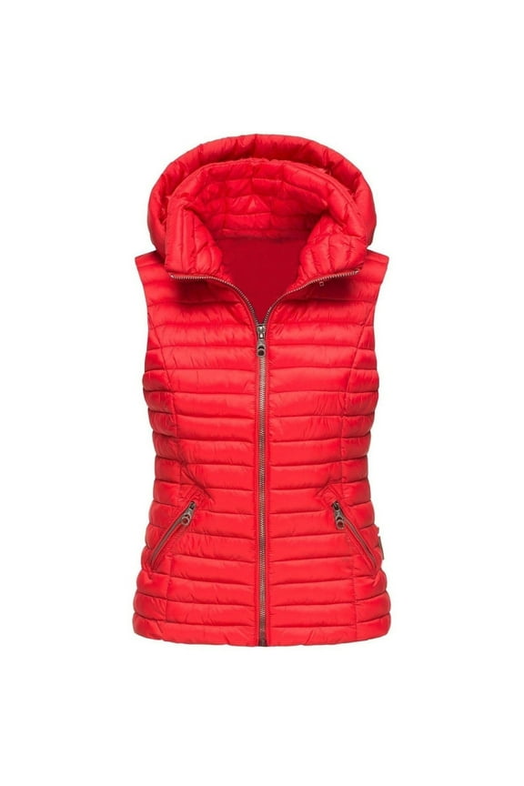 Puffy Vests for Women with Hood, Women's Casual Solid Color Vest Zipper Loose Sleeveless Jacket Hooded Vest Coat with Pockets 1 Pc Vest Red 4XL