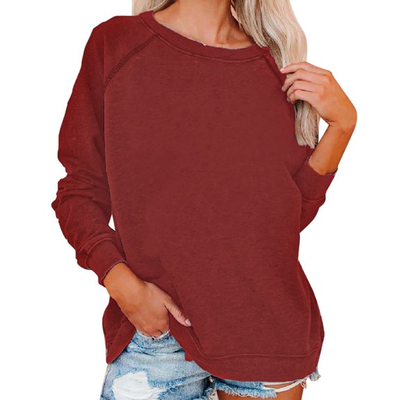 Baqcunre Renaissance Faire Costume Women's Solid Colour Pullover Long Sleeve Crew Neck Shoulder Retro Sweater Tops for Women Hoodies for Women Wine 4XL