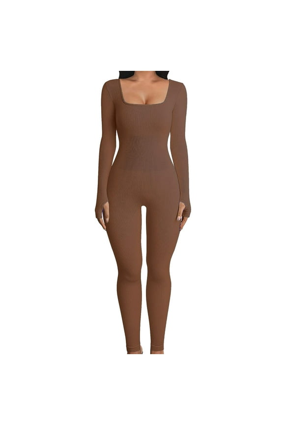 Rompers For Women Women Fashion Yoga Jumpsuits Workout Ribbed Long Sleeve Sport Jumpsuits Jumpsuits For Women Women'S Pants Brown L