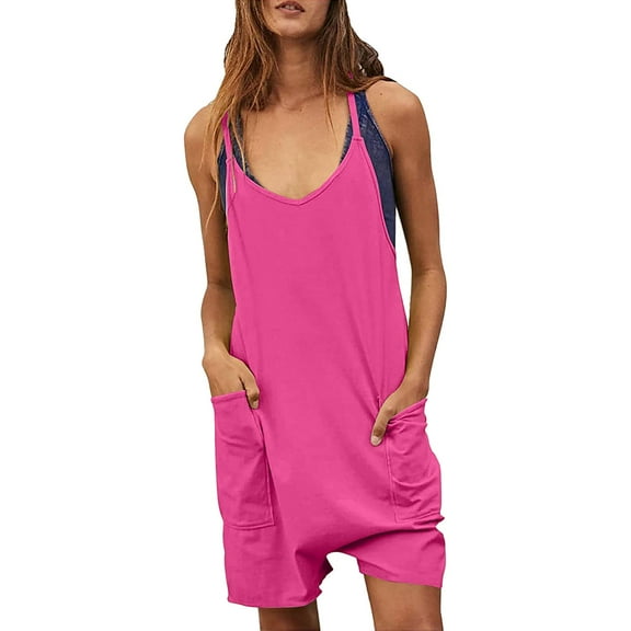 Baqcunre Rompers for Women 2023 Sleeveless Rompers Loose Spaghetti Strap Shorts Jumpsuit with Pockets Pants for Women Jumpsuits for Women Overalls for Women Loose Fit Womens Clothes Watermelon red XXL