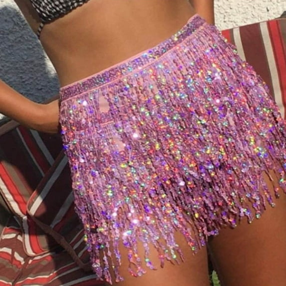 Baqcunre Sequin Belly Dancer Costume Tassel Wrap Skirt Club Mini Skirt Women'S Skirts Leather Skirt Sequin Skirt Women Clothing Skirts For Women,Color Pink
