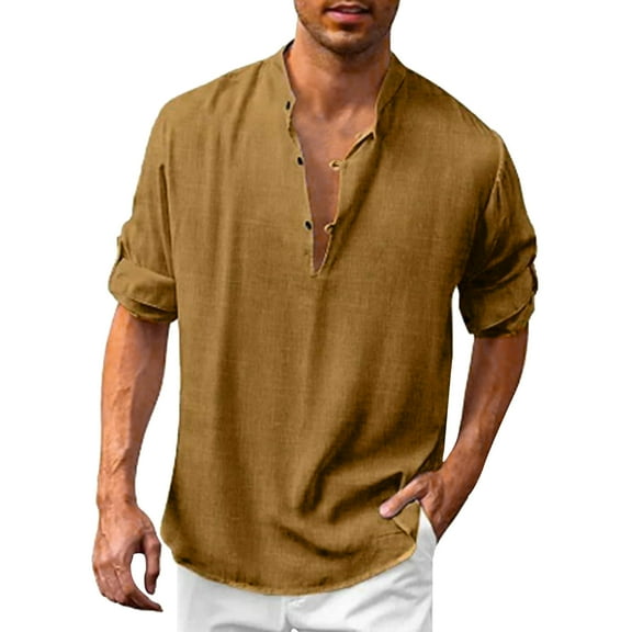 Baqcunre Shirts For Men Mens Casual Fashion Comfortable Stand Up Collar Long Sleeve Beach Shirt Men'S Polo Shirts Tops For Men Brown XL