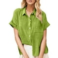 thumbnail image 1 of Baqcunre Shirts For Women Summer New Ladies Loose Blouses Cotton And Lapel Rolled Short Sleeve Button Shirt Tee Shirt Tops For Women 2023 Workout Tops For Women Green 1 S, 1 of 5