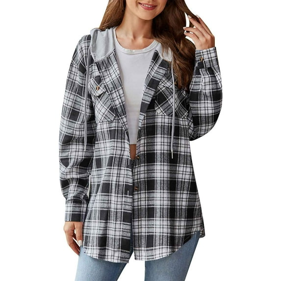 Baqcunre Shirts For Women Women's Fall Casual Hoodie Long Sleeved Plaid Shirt With Pocket Womens Jacket Womens Tops Black L