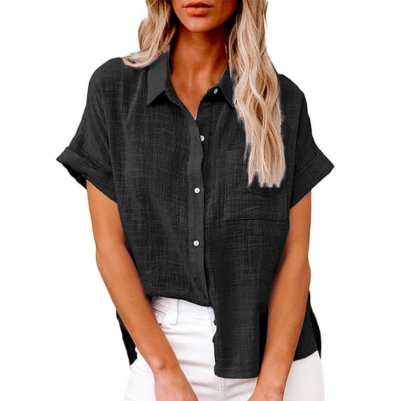 Baqcunre Shirts For Women Summer New Ladies Loose Blouses Cotton And Lapel Rolled Short Sleeve Button Shirt Tee Shirt Tops For Women 2023 Sweatshirt For Women Black L