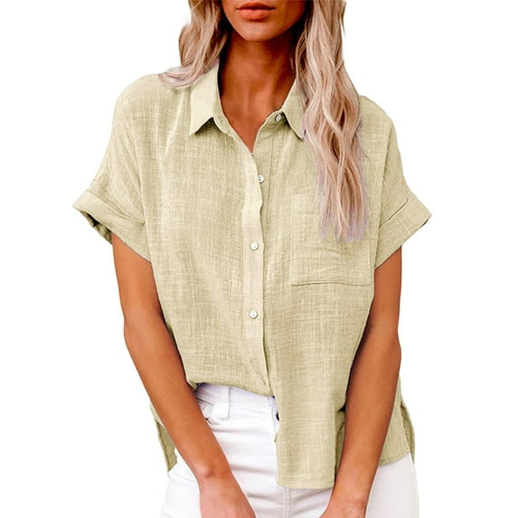 Baqcunre Shirts For Women Summer New Ladies Loose Blouses Cotton And Lapel Rolled Short Sleeve Button Shirt Tee Shirt Tops For Women 2023 Sweatshirt For Women Khaki M