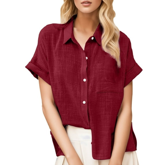 Baqcunre Shirts For Women Summer New Ladies Loose Blouses Cotton And Lapel Rolled Short Sleeve Button Shirt Tee Shirt Tops For Women 2023 Sweatshirt For Women Red 1 XXL