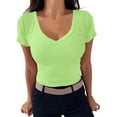 thumbnail image 1 of Baqcunre Shirts For Women Women V Neck Tee Shirt Ribbed Fitted Tight Short Sleeve Shirt Basic Knit Top Blouse Tops For Women 2023 T Shirts For Women Green XL, 1 of 5