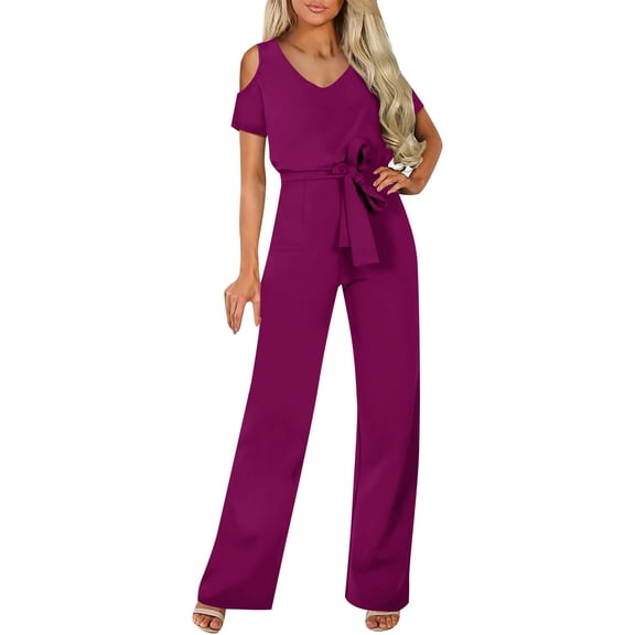 Baqcunre Short Sleeved Hollowed Out Off Shoulder Jumpsuit with Lace Up Jumpsuit,Size L,One Piece Jumpsuit,Womens Jumpsuit,Jumpsuits for Women Casual,Women's Pants,Women Clothing,Purple