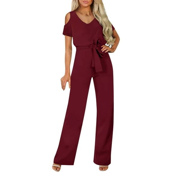 Baqcunre Short Sleeved Hollowed Out Off Shoulder Jumpsuit with Lace Up Jumpsuit,Size XXL,One Piece Jumpsuit,Womens Jumpsuit,Jumpsuits for Women Casual,Women's Pants,Women Clothing,Red