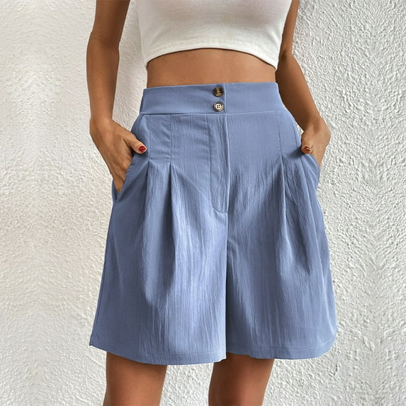 Baqcunre Shorts For Women,Ladies Summer Color Casual Loose High Waist Button Wide Leg Shorts,Womens Fashion,Wide Leg Pants Woman,Pants For Women,Womens Clothes,Blue,L