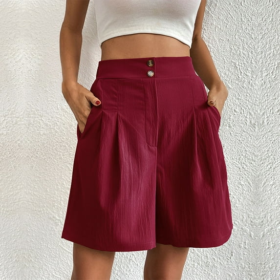 Baqcunre Shorts For Women,Ladies Summer Color Casual Loose High Waist Button Wide Leg Shorts,Womens Fashion,Wide Leg Pants Woman,Pants For Women,Womens Clothes,Red,M