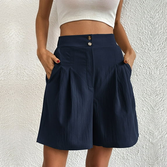 Baqcunre Shorts For Women,Ladies Summer Color Casual Loose High Waist Button Wide Leg Shorts,Womens Fashion,Wide Leg Pants Woman,Pants For Women,Womens Clothes,Blue,L